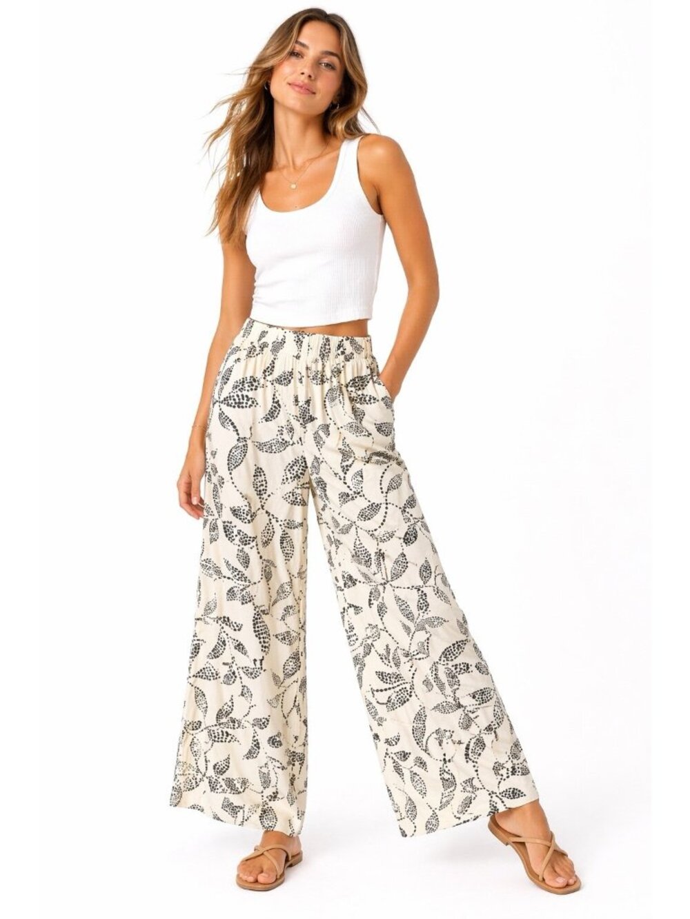 Z SUPPLY pants wide leg floral ivory LARGE hippie boho casual elastic waist
